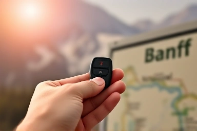 Car key with Canadian Rockies map and mountains in background.
